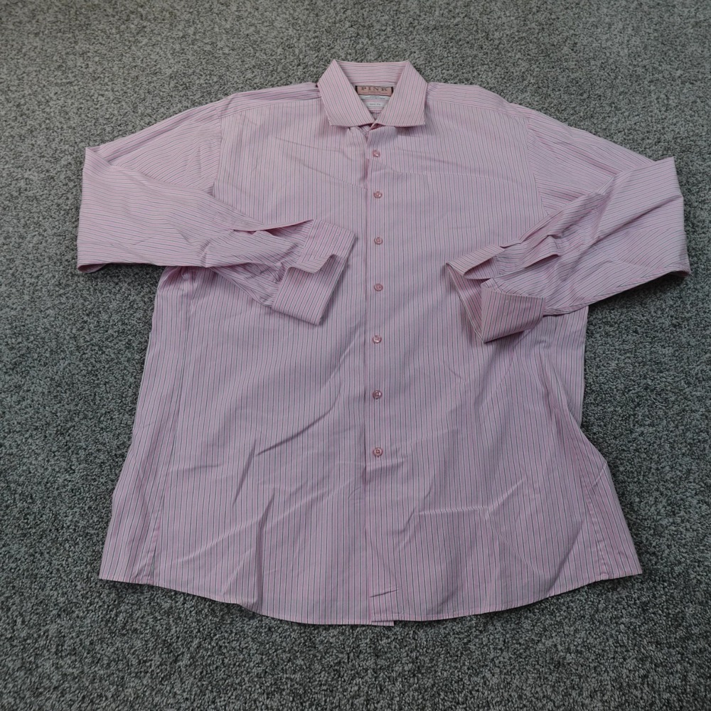 Thomas Pink Shirt Mens 17.5 L Pinstripe Slim Fit Button Up Dress Long Sleeve Top